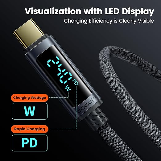 Câble USB-C vers USB-C Toocki 240W avec Écran Digital – 1m Tressé