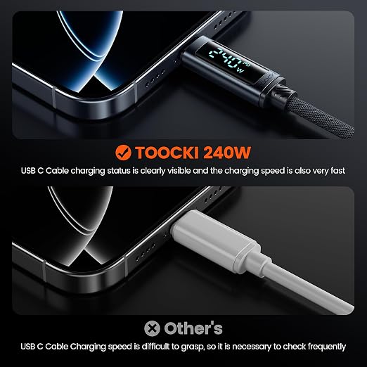 Câble USB-C vers USB-C Toocki 240W avec Écran Digital – 1m Tressé
