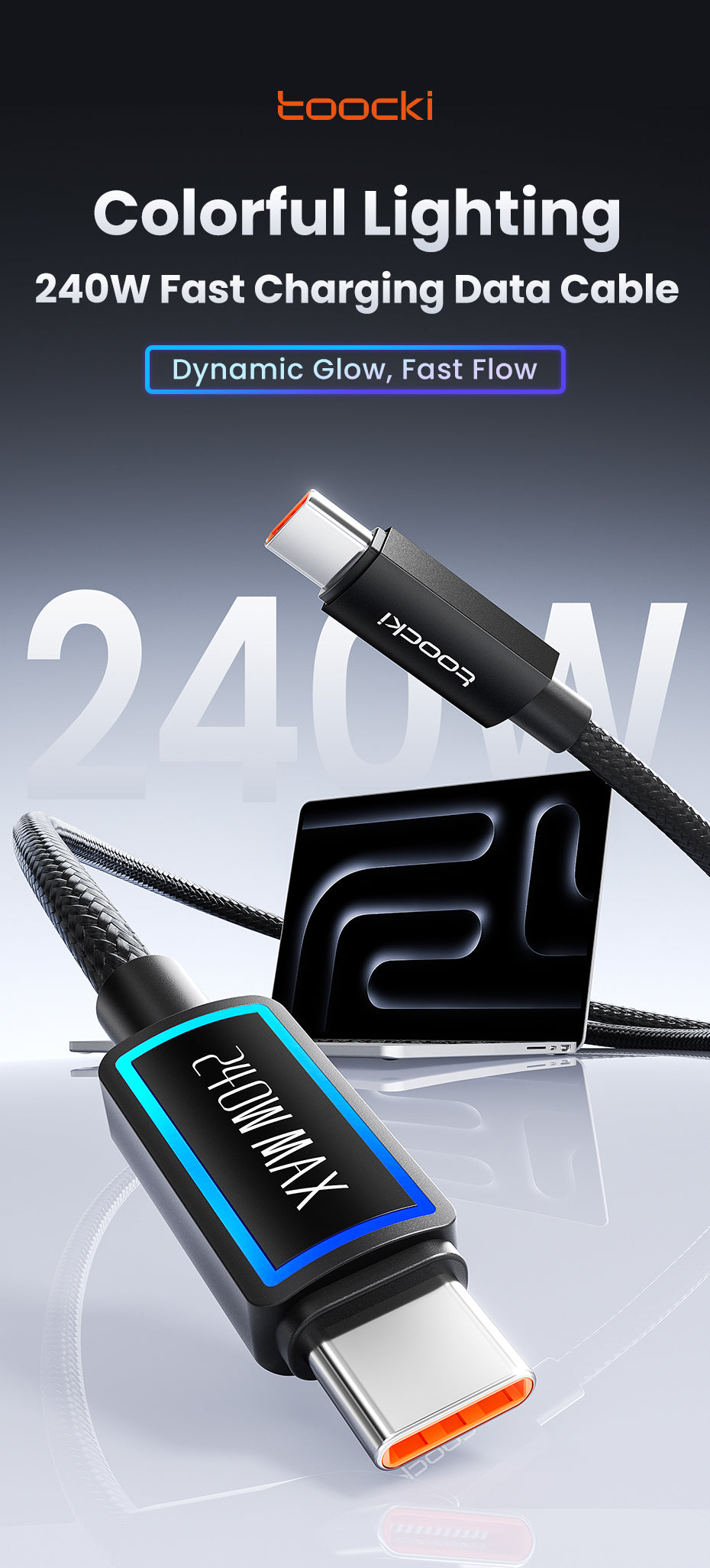 Câble USB-C vers USB-C Toocki 240W avec Puce E-Marker – Tressé Nylon RGB
